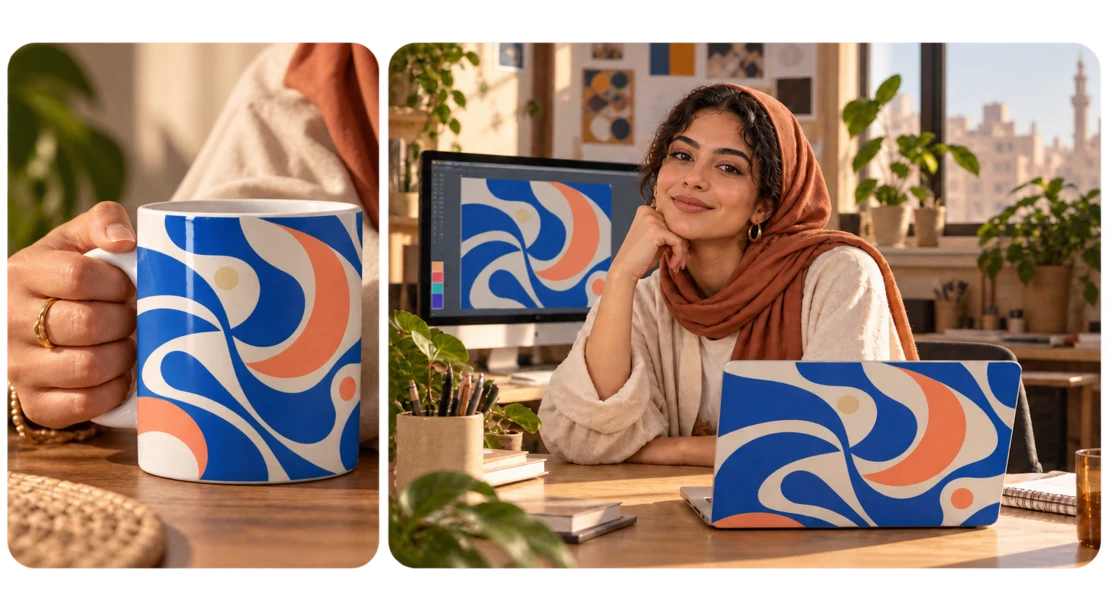 مصممة مصرية في استوديو مع كولاج مج وتابلوه وهودي وتيشيرت مطبوعين بنفس التصميم التجريدي